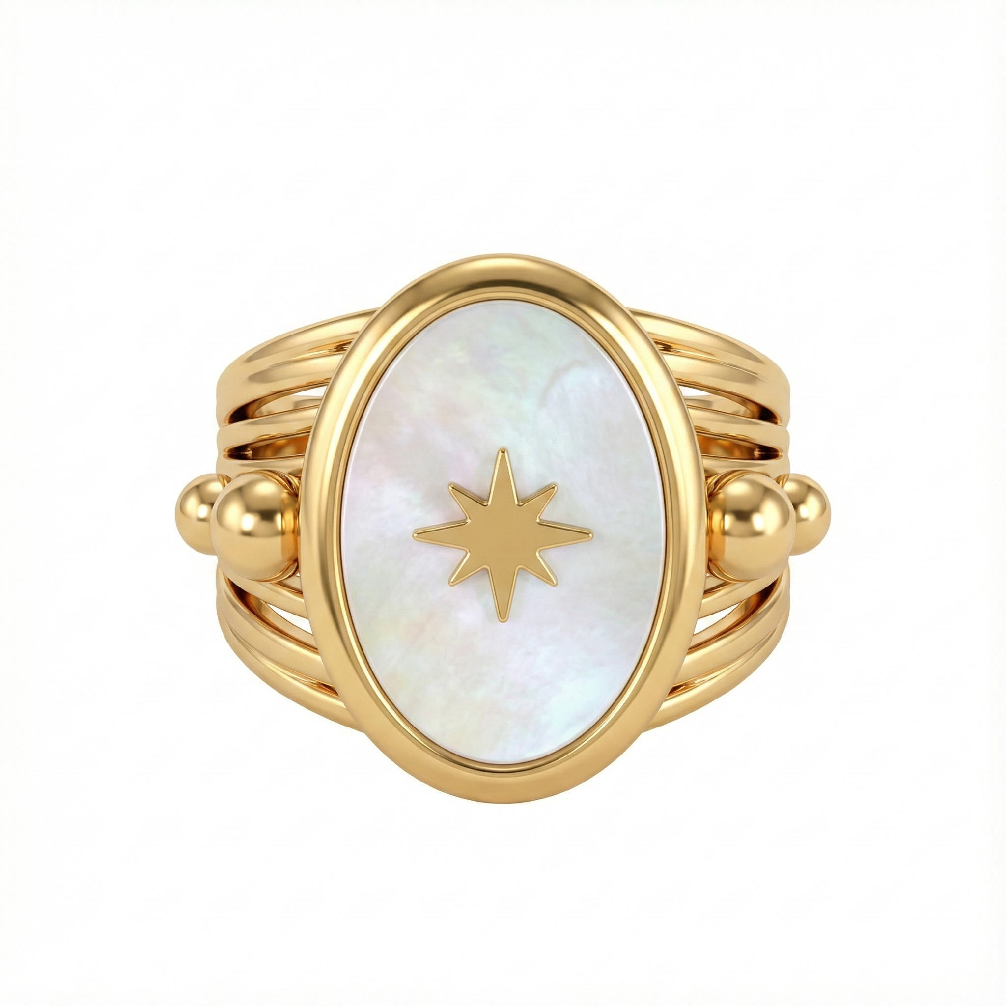 Détail de l’étoile dorée et centre nacre de la bague